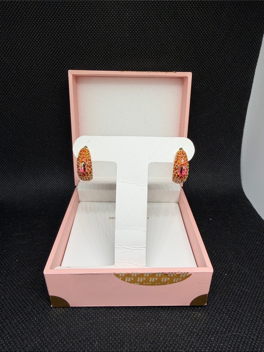 Reddish Orange Pave on Gold Hoops
